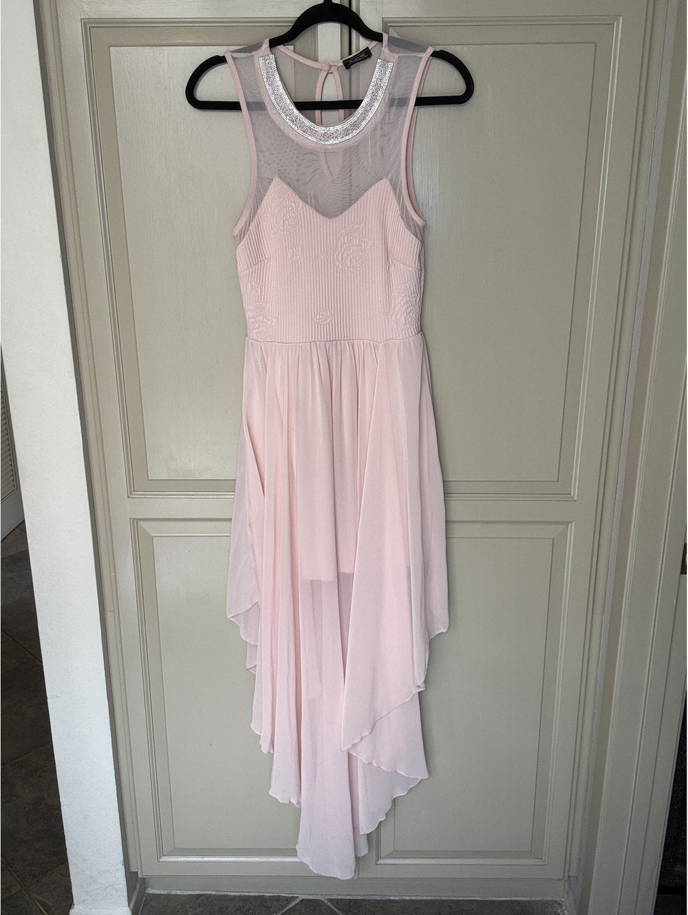 KIMCINE Balletcore Blush Pink High-Low Dress Rhinestone Mesh XS S